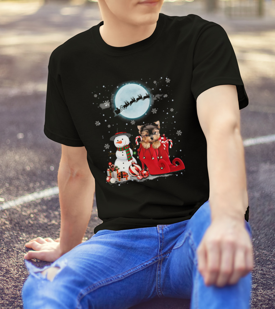 Yorkie Terrier Santa Hat Snowman Sleigh Gifts Full Moon T-Shirt