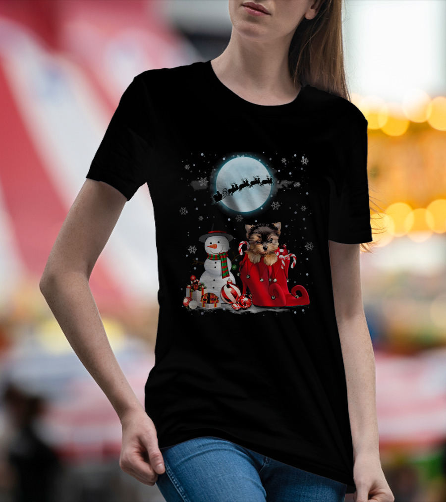 Yorkie Terrier Santa Hat Snowman Sleigh Gifts Full Moon T-Shirt