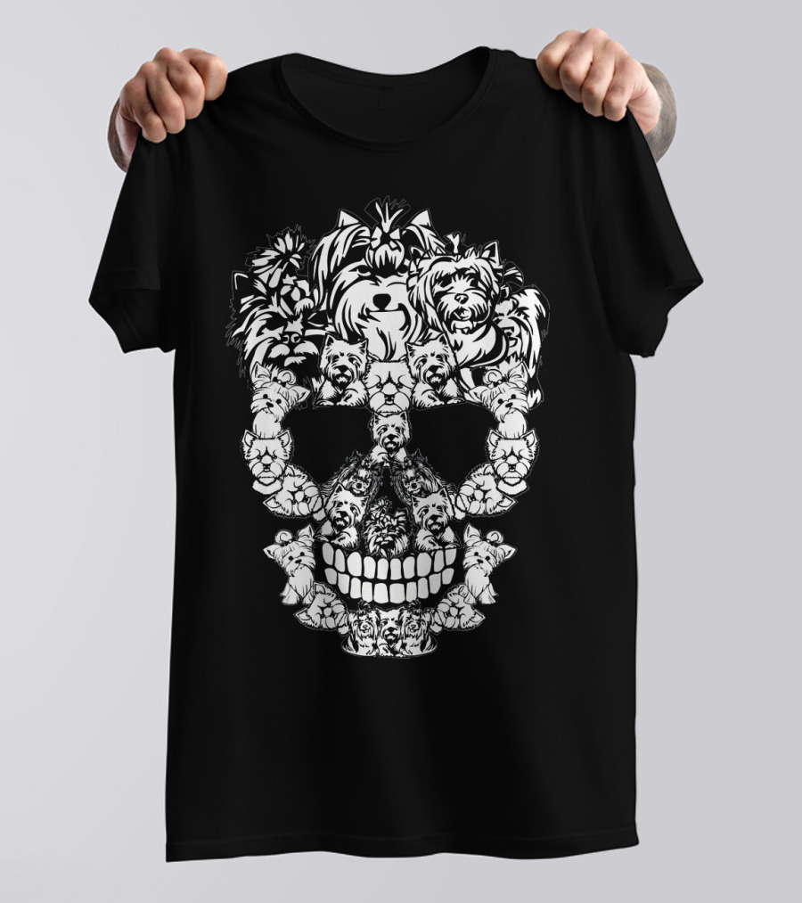 Skull Pattern Made Of Yorkshire Terrier Dog Faces T-Shirt