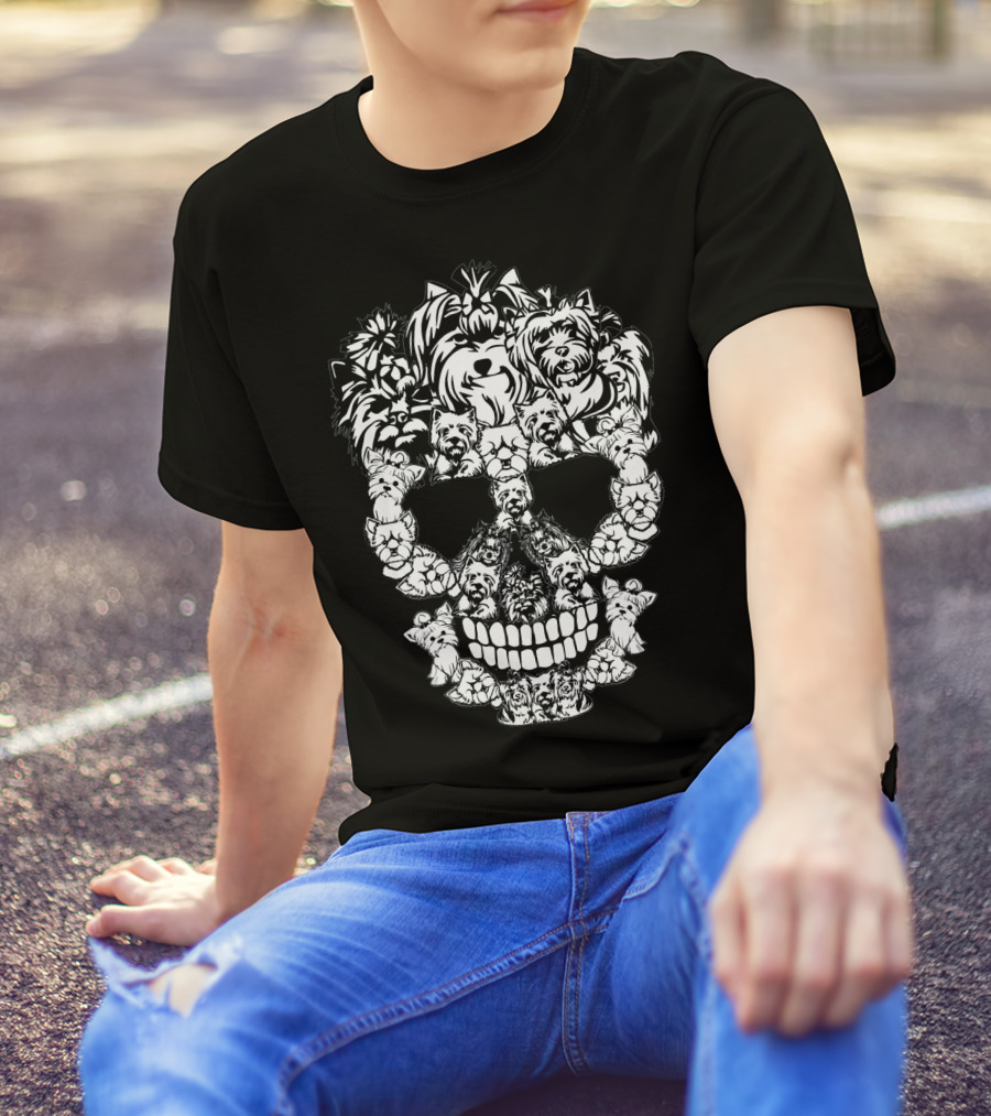 Skull Pattern Made Of Yorkshire Terrier Dog Faces T-Shirt