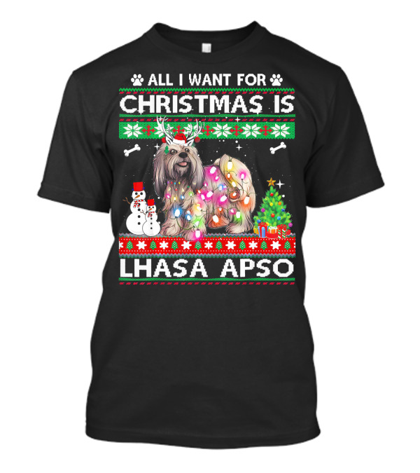 Festive Christmas Lhasa Apso With Lights Snowman And Tree T-Shirt