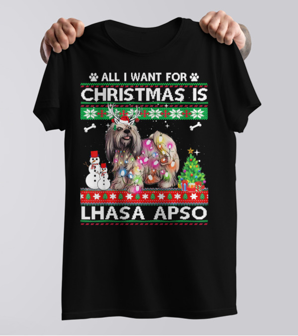 Festive Christmas Lhasa Apso With Lights Snowman And Tree T-Shirt