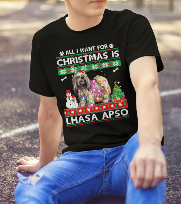 Festive Christmas Lhasa Apso With Lights Snowman And Tree T-Shirt