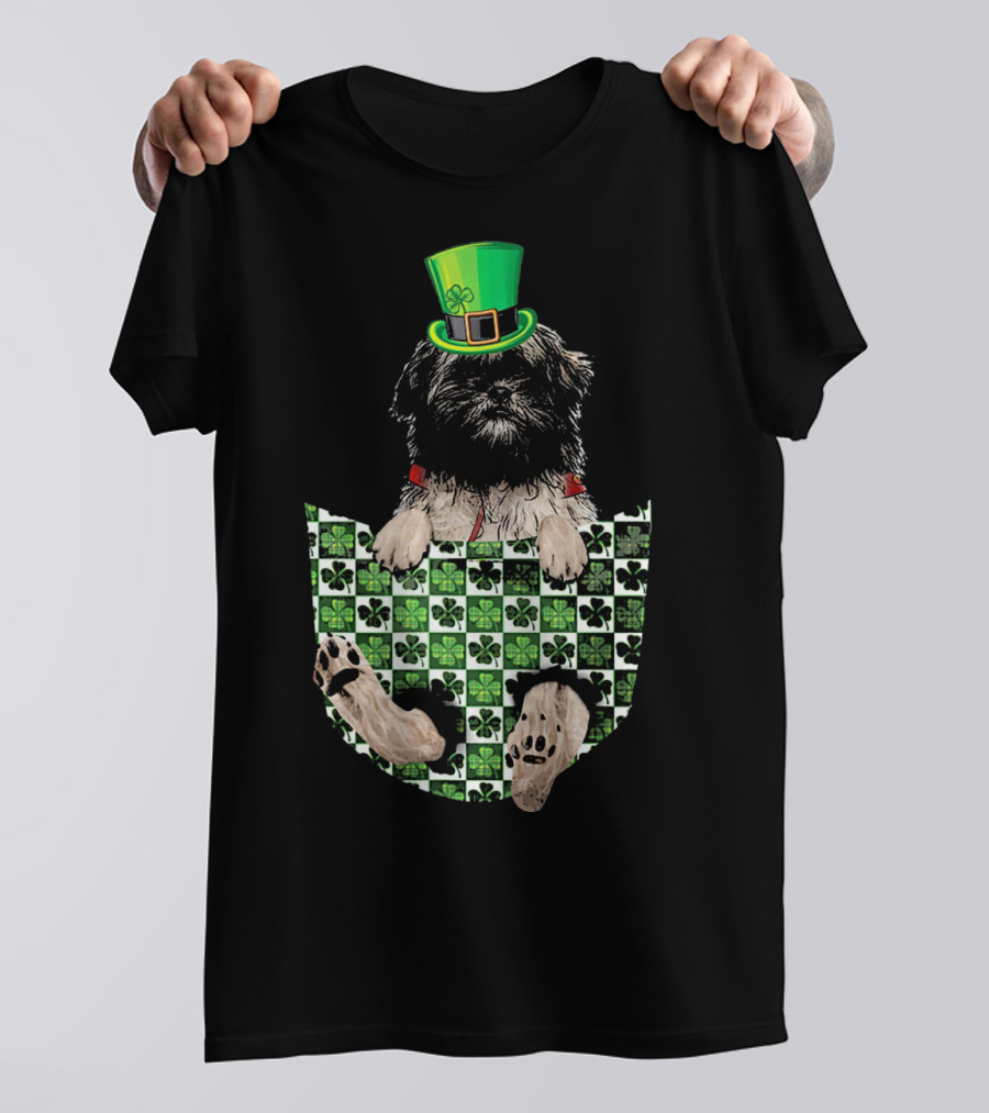 Lhasa Apso Patrick Hat Green Shamrock Pocket T-Shirt