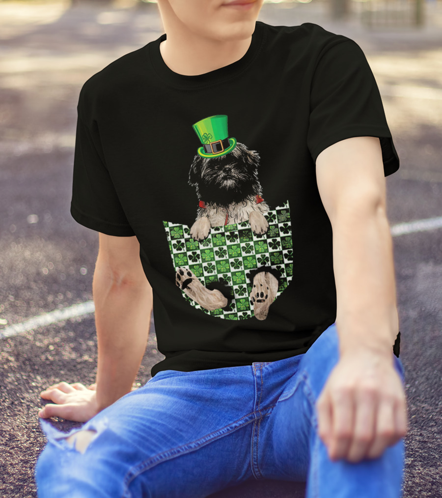 Lhasa Apso Patrick Hat Green Shamrock Pocket T-Shirt