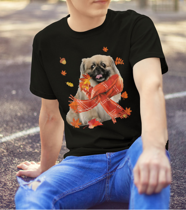 Cute Pekingese Dog With Autumn Leaves And Red Scarf T-Shirt