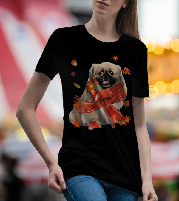 Cute Pekingese Dog With Autumn Leaves And Red Scarf T-Shirt