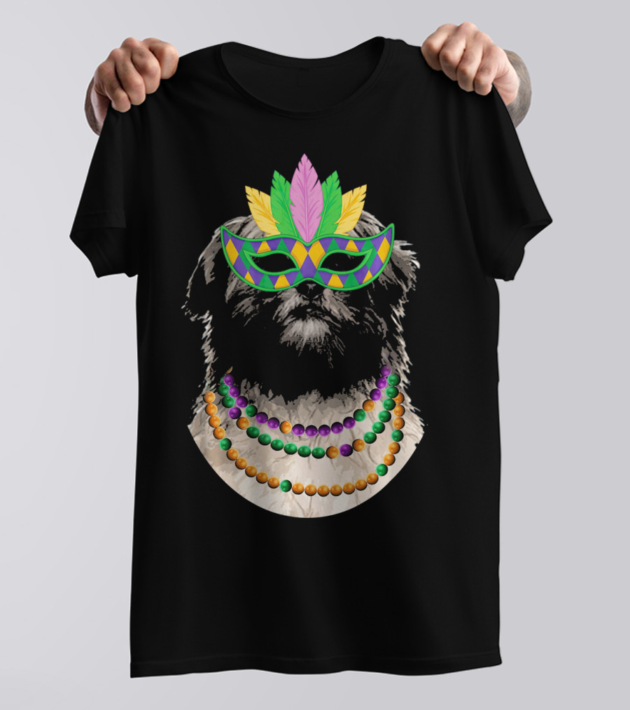 Lhasa Apso In Mardi Gras Mask With Colorful Beads T-Shirt