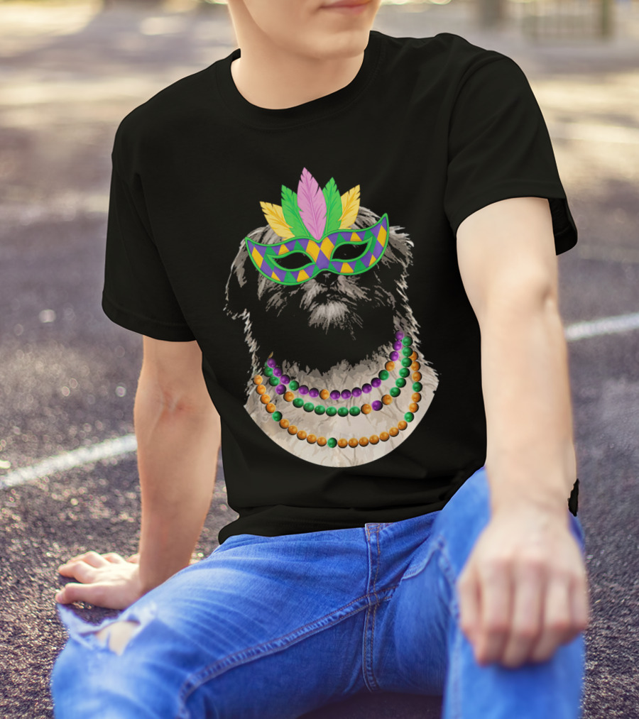 Lhasa Apso In Mardi Gras Mask With Colorful Beads T-Shirt