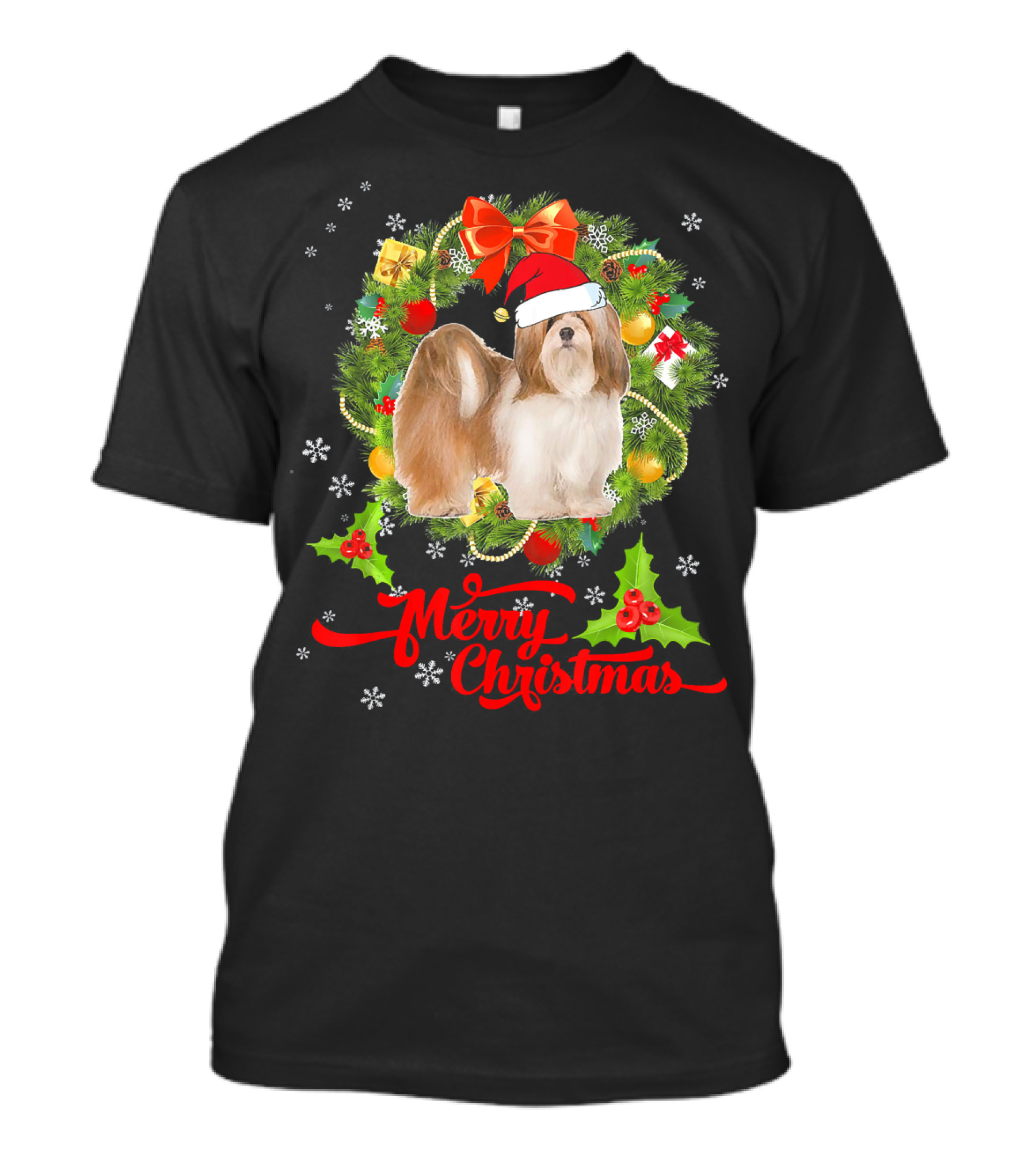Merry Christmas Lhasa Apso Dog With Santa Hat And Festive Wreath T-Shirt