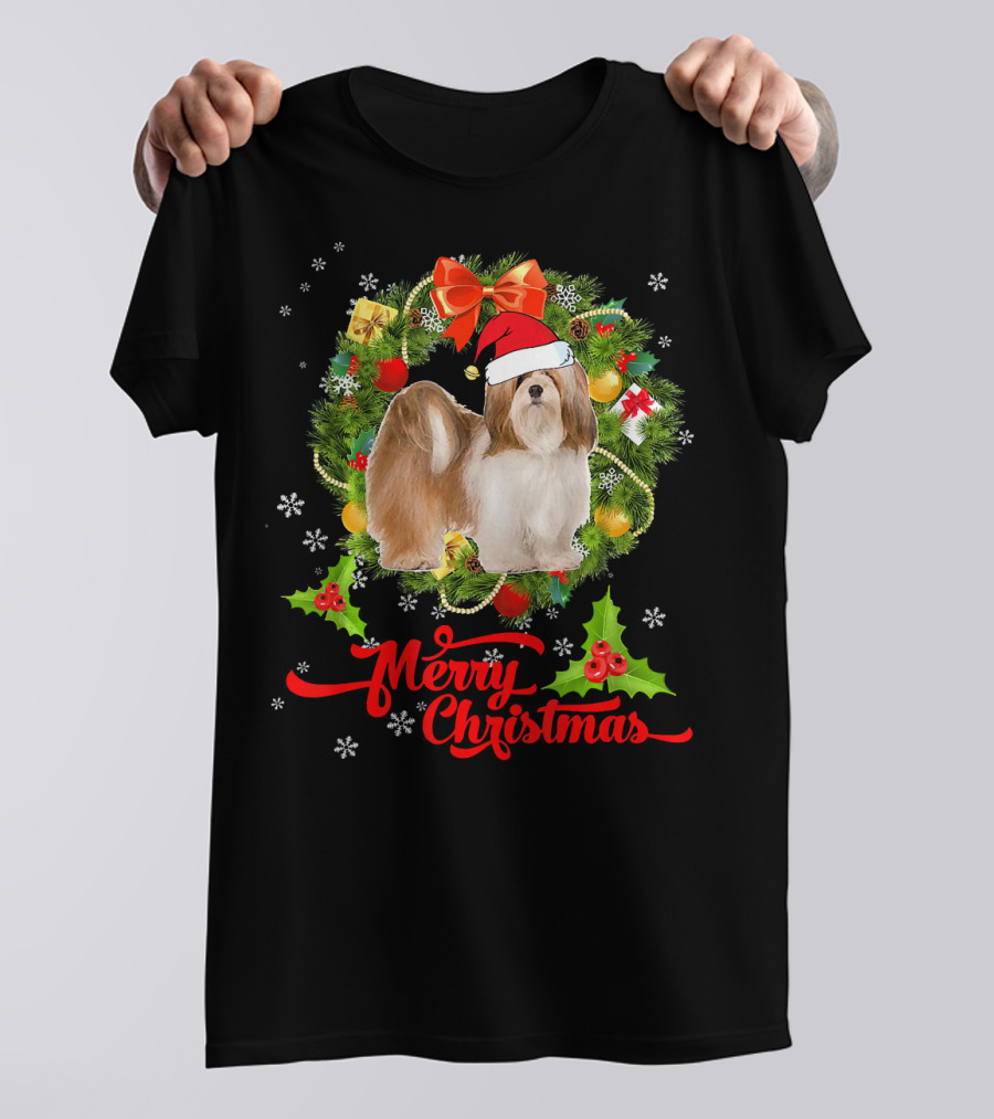 Merry Christmas Lhasa Apso Dog With Santa Hat And Festive Wreath T-Shirt