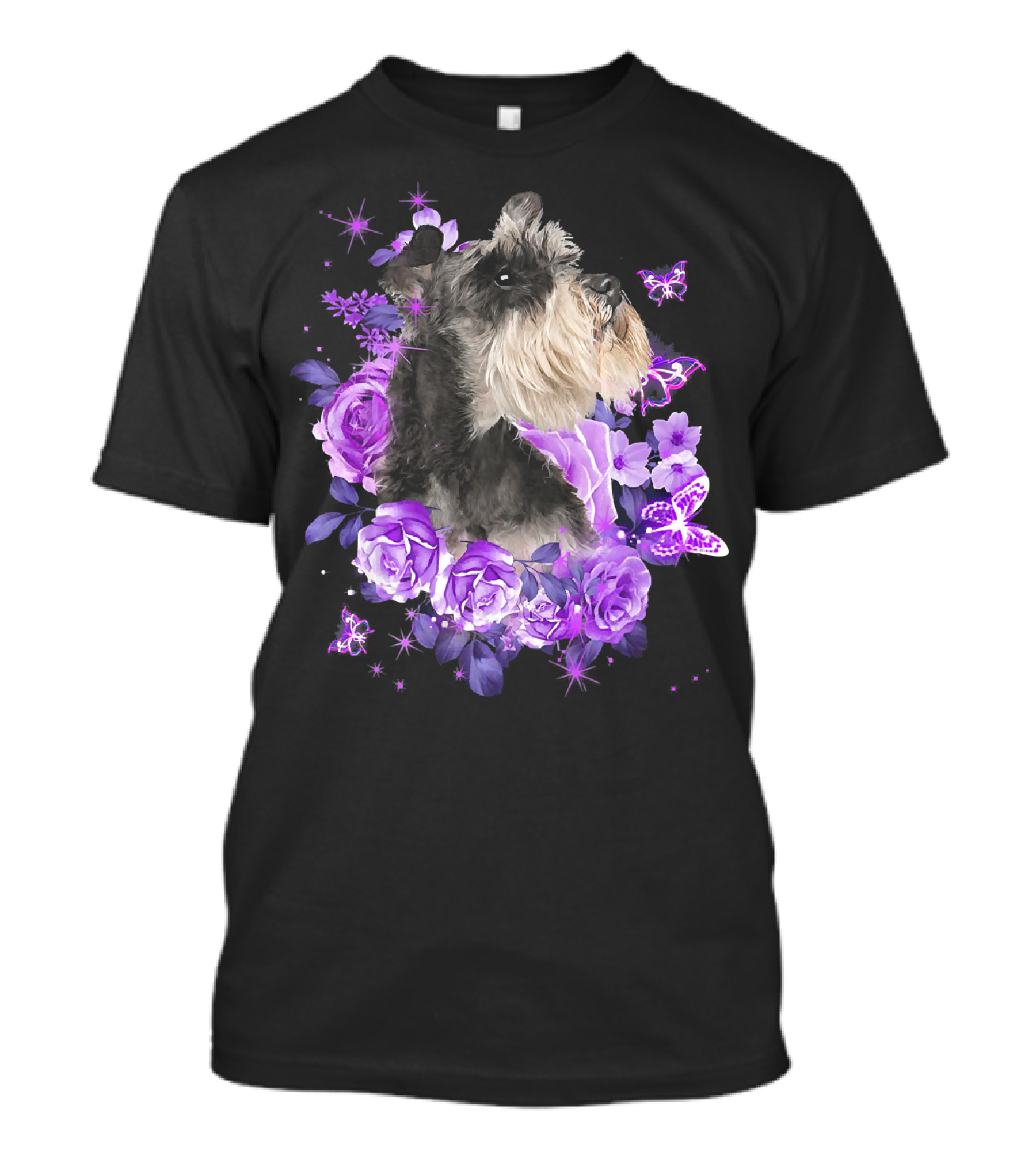 Schnauzer Surrounded By Purple Roses And Butterflies T-Shirt