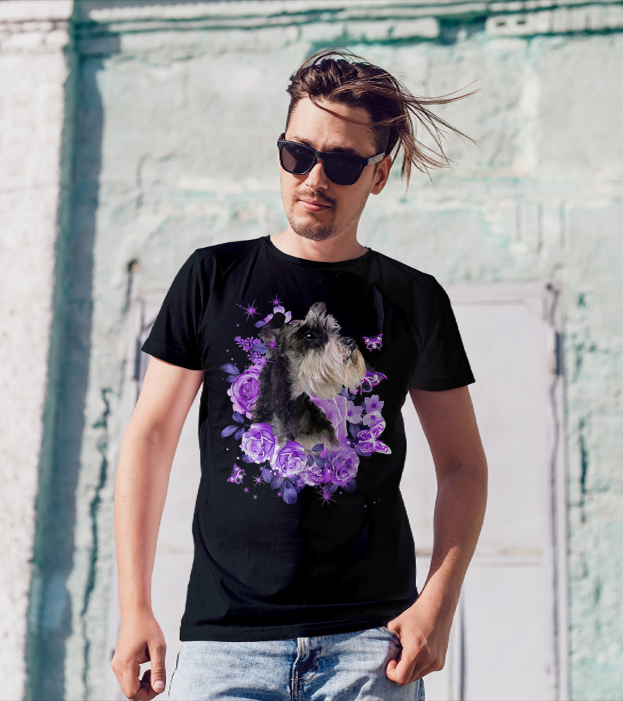 Schnauzer Surrounded By Purple Roses And Butterflies T-Shirt