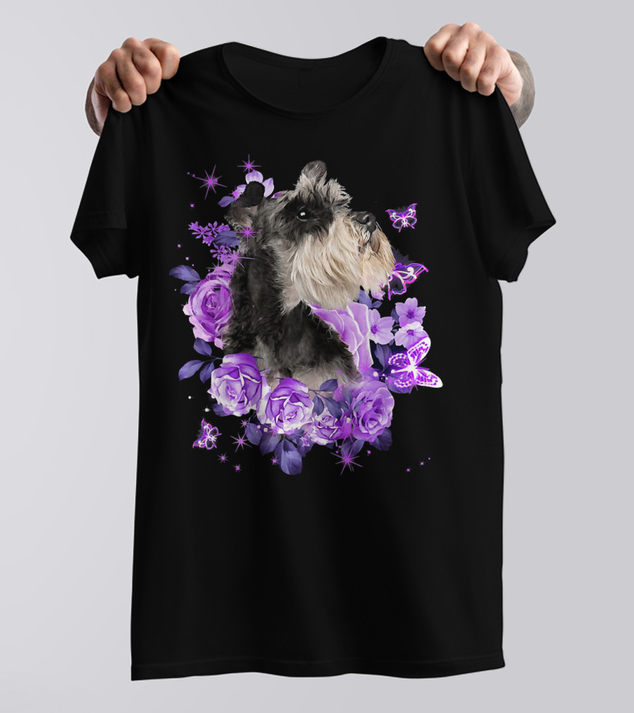Schnauzer Surrounded By Purple Roses And Butterflies T-Shirt