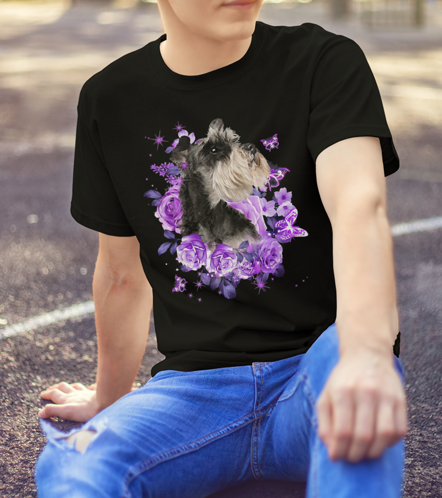 Schnauzer Surrounded By Purple Roses And Butterflies T-Shirt