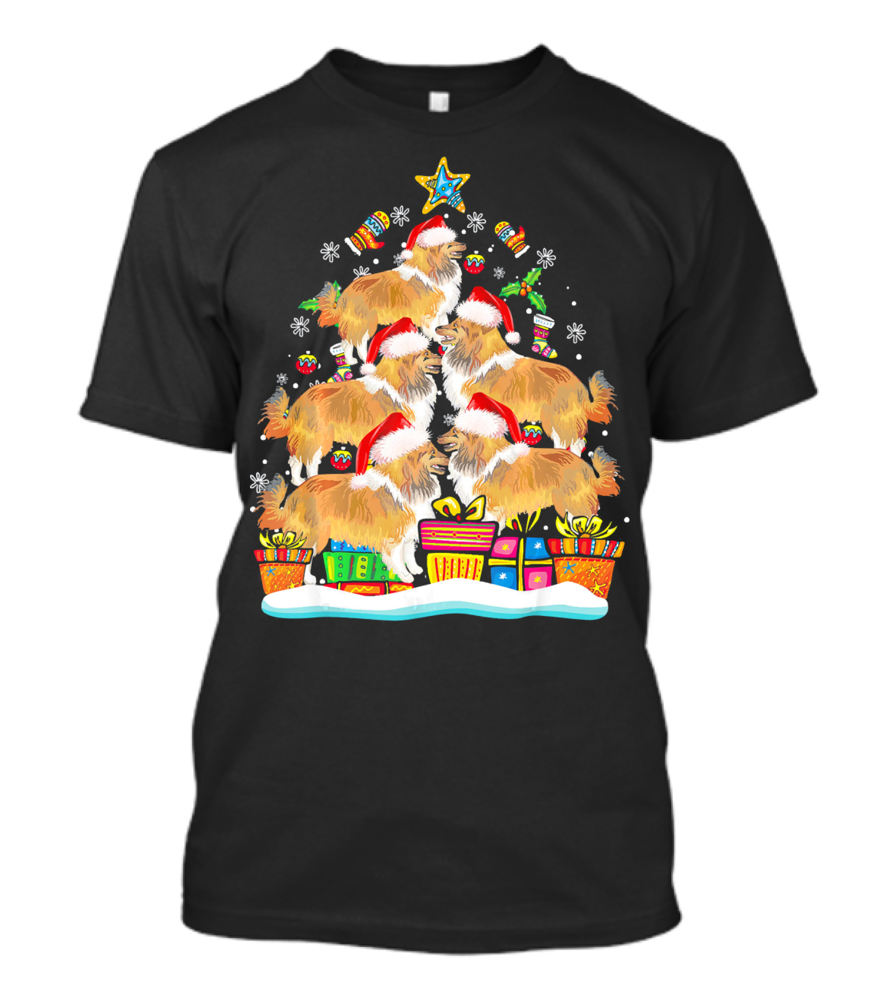 Funny Sheltie Christmas Tree Ornament With Santa Hat And Presents T-Shirt