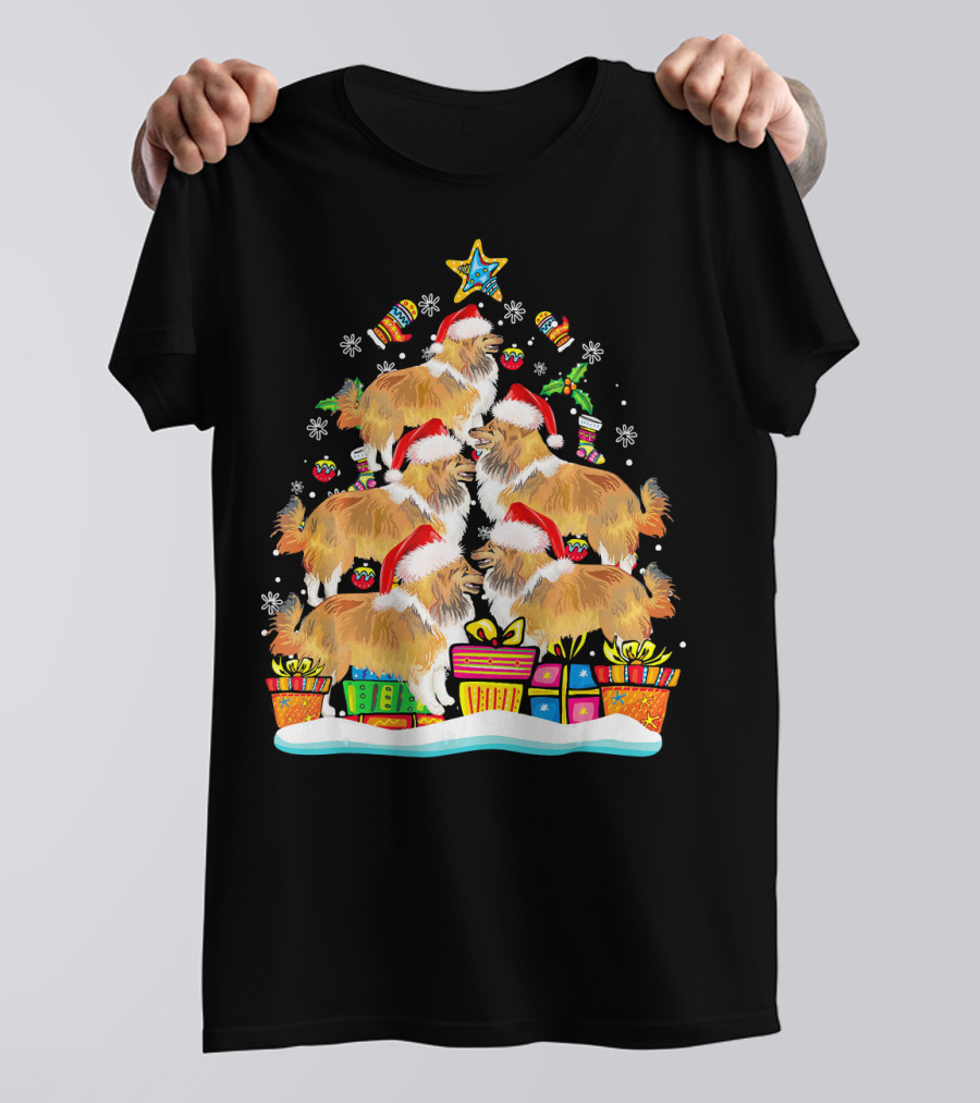 Funny Sheltie Christmas Tree Ornament With Santa Hat And Presents T-Shirt