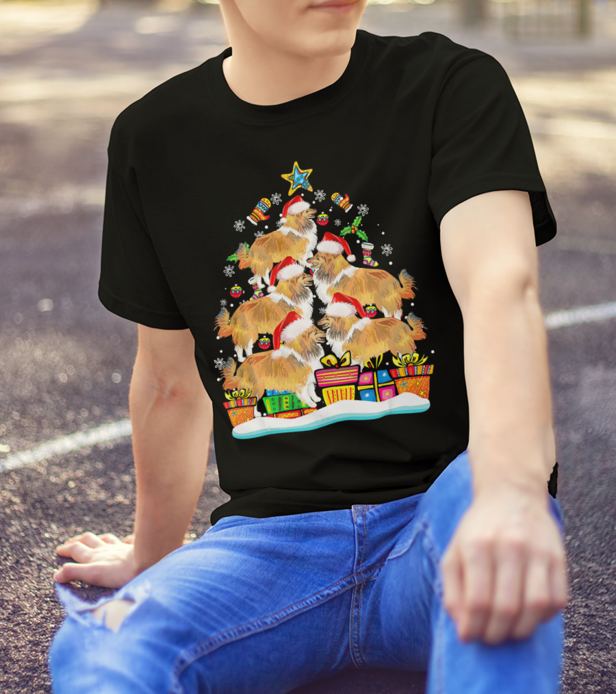 Funny Sheltie Christmas Tree Ornament With Santa Hat And Presents T-Shirt