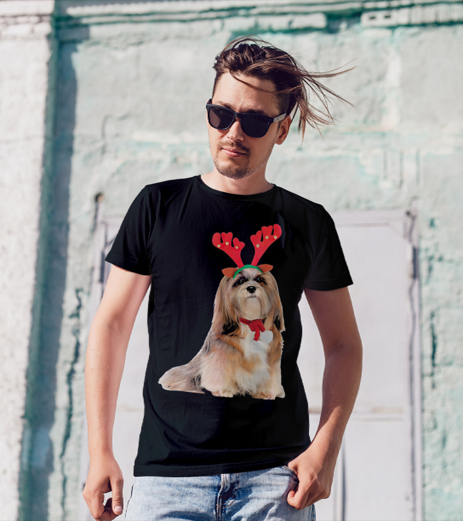 Lhasa Apso Reindeer Antlers Christmas Dog T-Shirt
