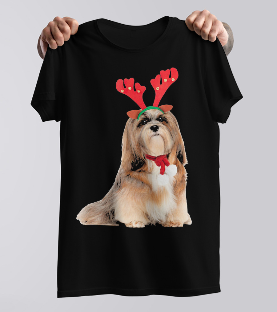 Lhasa Apso Reindeer Antlers Christmas Dog T-Shirt