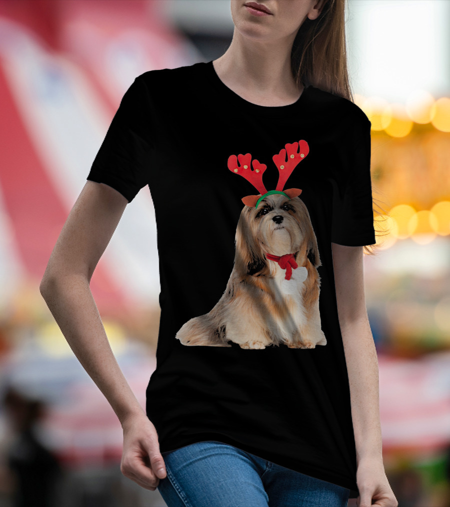 Lhasa Apso Reindeer Antlers Christmas Dog T-Shirt