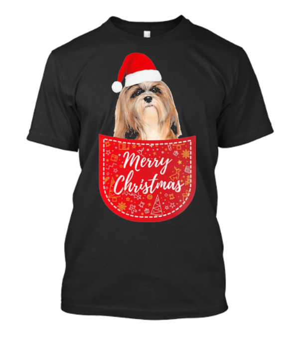 Merry Christmas Lhasa Apso Dog In Santa Hat Pocket T-Shirt