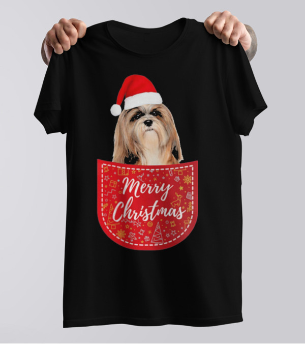 Merry Christmas Lhasa Apso Dog In Santa Hat Pocket T-Shirt