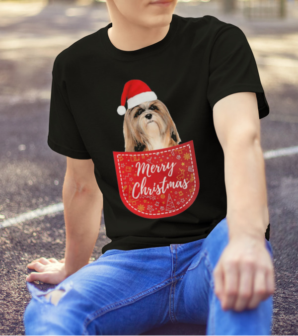 Merry Christmas Lhasa Apso Dog In Santa Hat Pocket T-Shirt