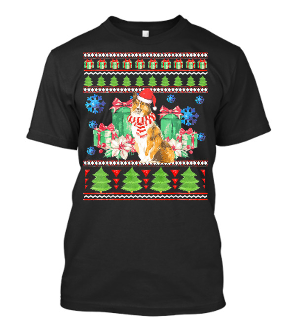 Funny Shetland Sheepdog Christmas With Santa Hat And Presents T-Shirt
