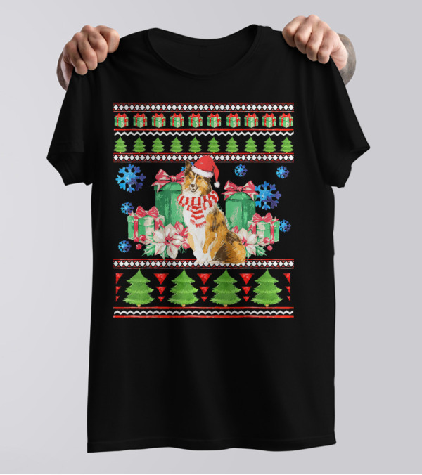 Funny Shetland Sheepdog Christmas With Santa Hat And Presents T-Shirt