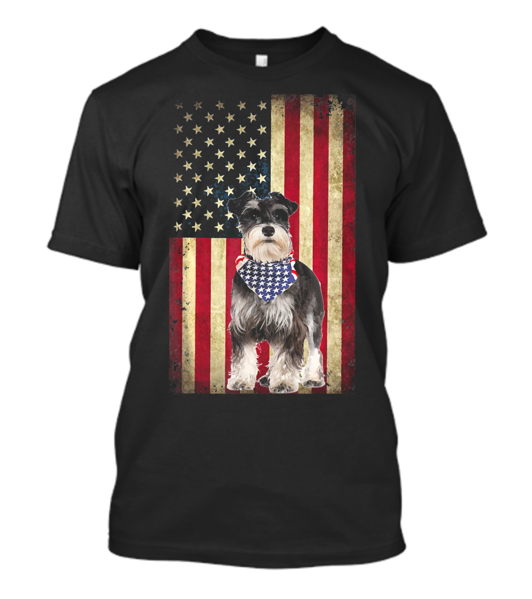 Miniature Schnauzer With American Flag Bandana On Stars And Stripes Background T-Shirt