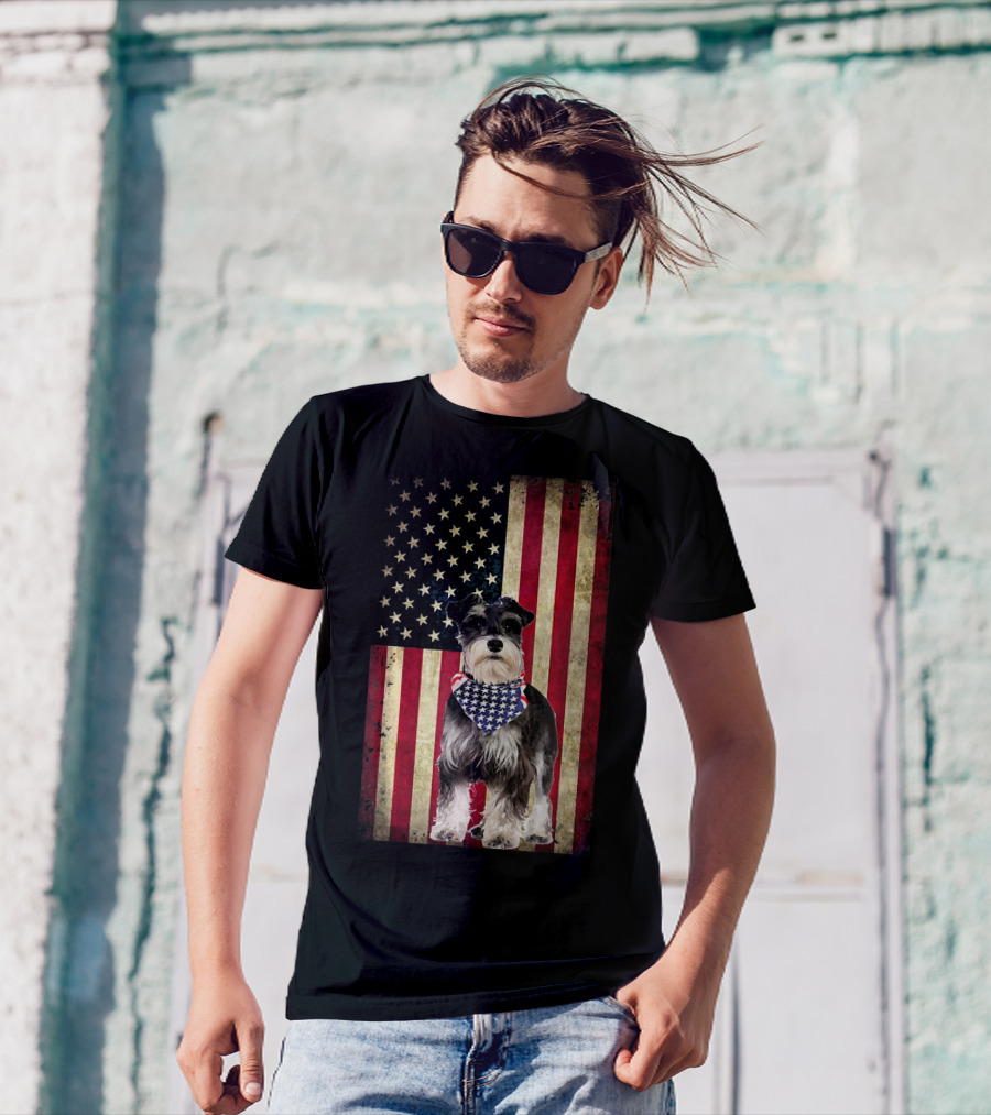 Miniature Schnauzer With American Flag Bandana On Stars And Stripes Background T-Shirt