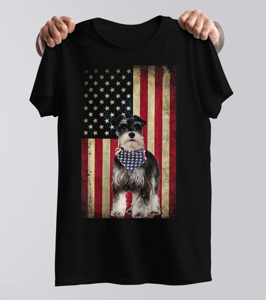 Miniature Schnauzer With American Flag Bandana On Stars And Stripes Background T-Shirt
