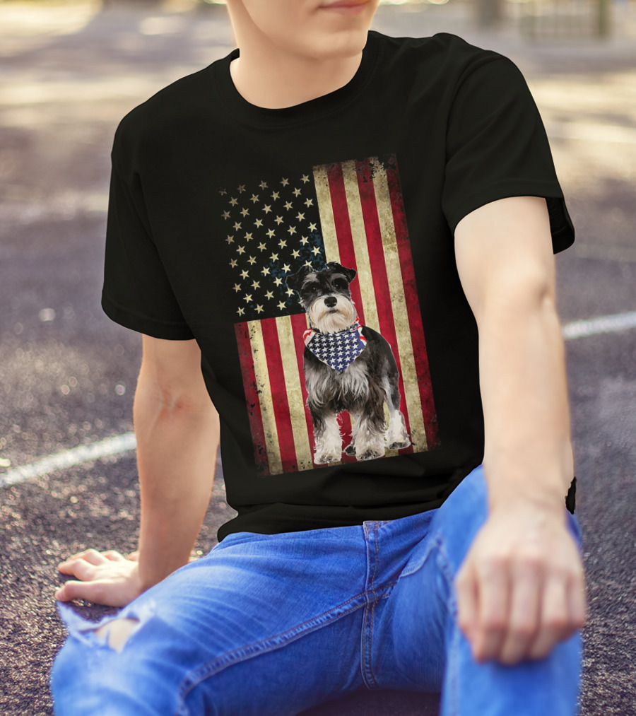 Miniature Schnauzer With American Flag Bandana On Stars And Stripes Background T-Shirt