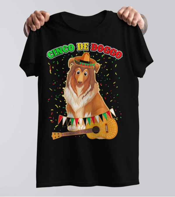 Cinco De Doggo Sheltie Sombrero Guitar Confetti T-Shirt