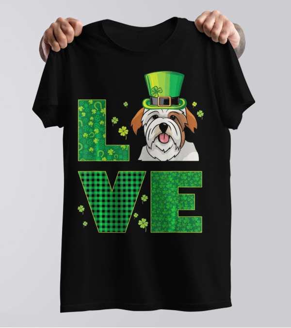 Love Lhasa Apso Dog Green Patrick Hat With Shamrocks T-Shirt
