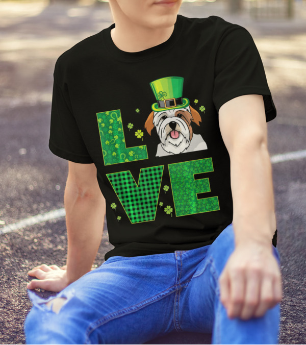 Love Lhasa Apso Dog Green Patrick Hat With Shamrocks T-Shirt
