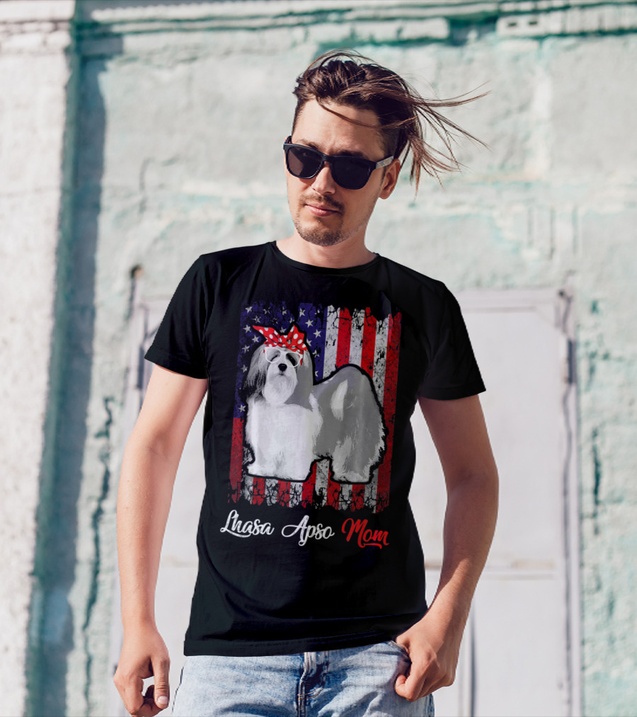 Lhasa Apso Mom American Flag Bandana Sunglasses T-Shirt