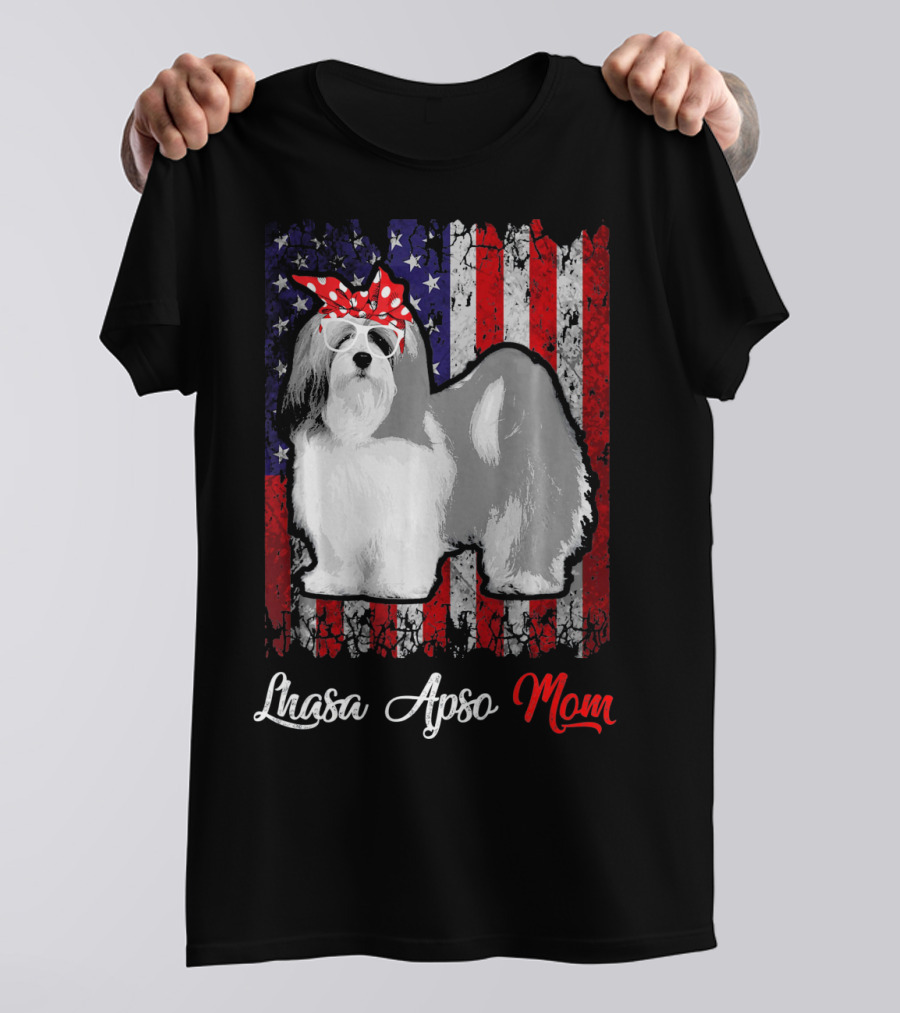 Lhasa Apso Mom American Flag Bandana Sunglasses T-Shirt