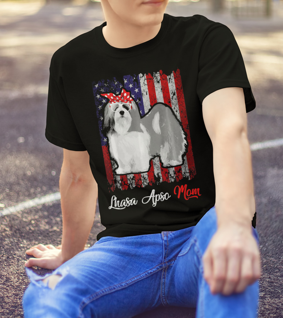 Lhasa Apso Mom American Flag Bandana Sunglasses T-Shirt