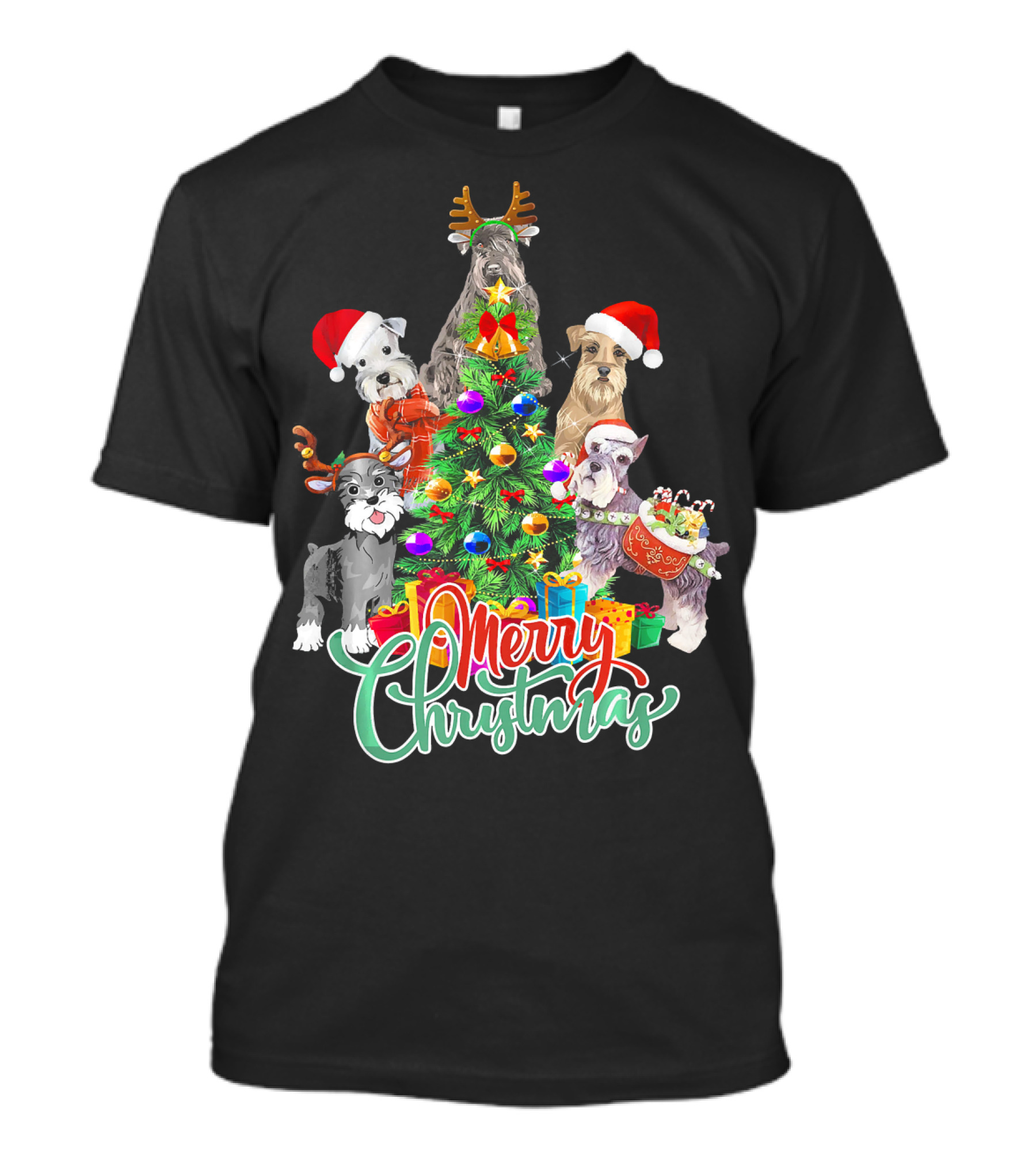 Merry Christmas Cute Schnauzer Dogs Around Christmas Tree T-Shirt