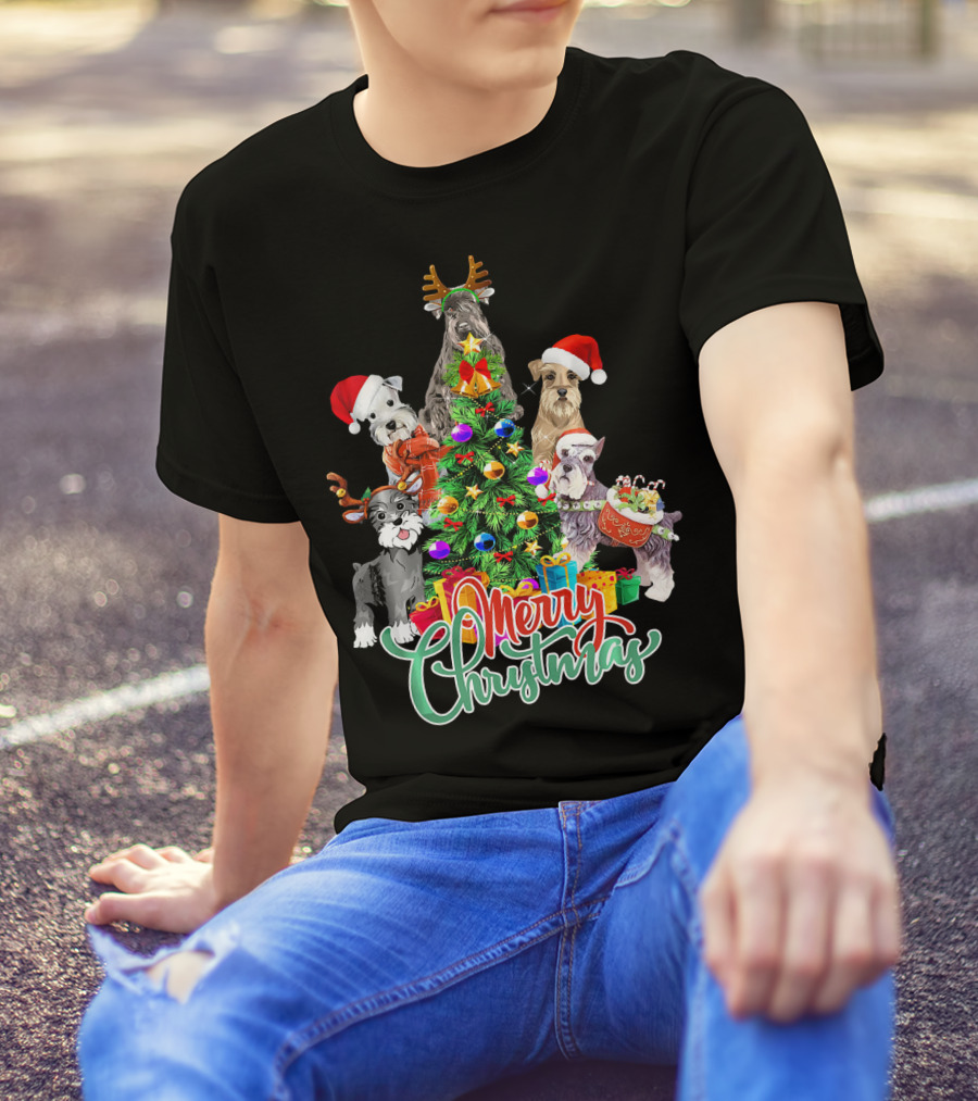 Merry Christmas Cute Schnauzer Dogs Around Christmas Tree T-Shirt