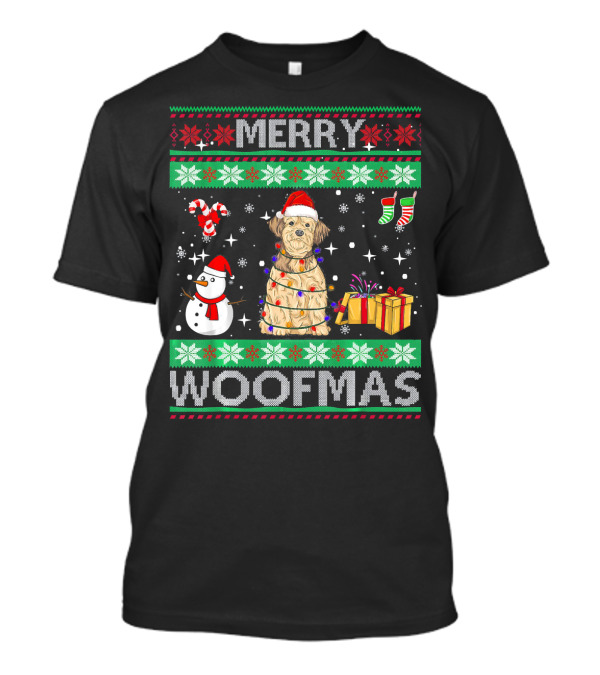 Lhasa Apso Dog Merry Woofmas Christmas Lights Snowflakes Snowman Presents Santa Hat T-Shirt
