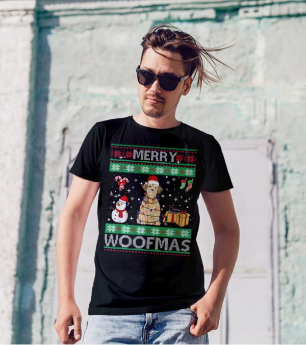 Lhasa Apso Dog Merry Woofmas Christmas Lights Snowflakes Snowman Presents Santa Hat T-Shirt