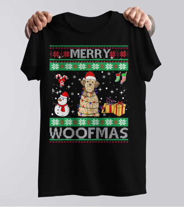 Lhasa Apso Dog Merry Woofmas Christmas Lights Snowflakes Snowman Presents Santa Hat T-Shirt
