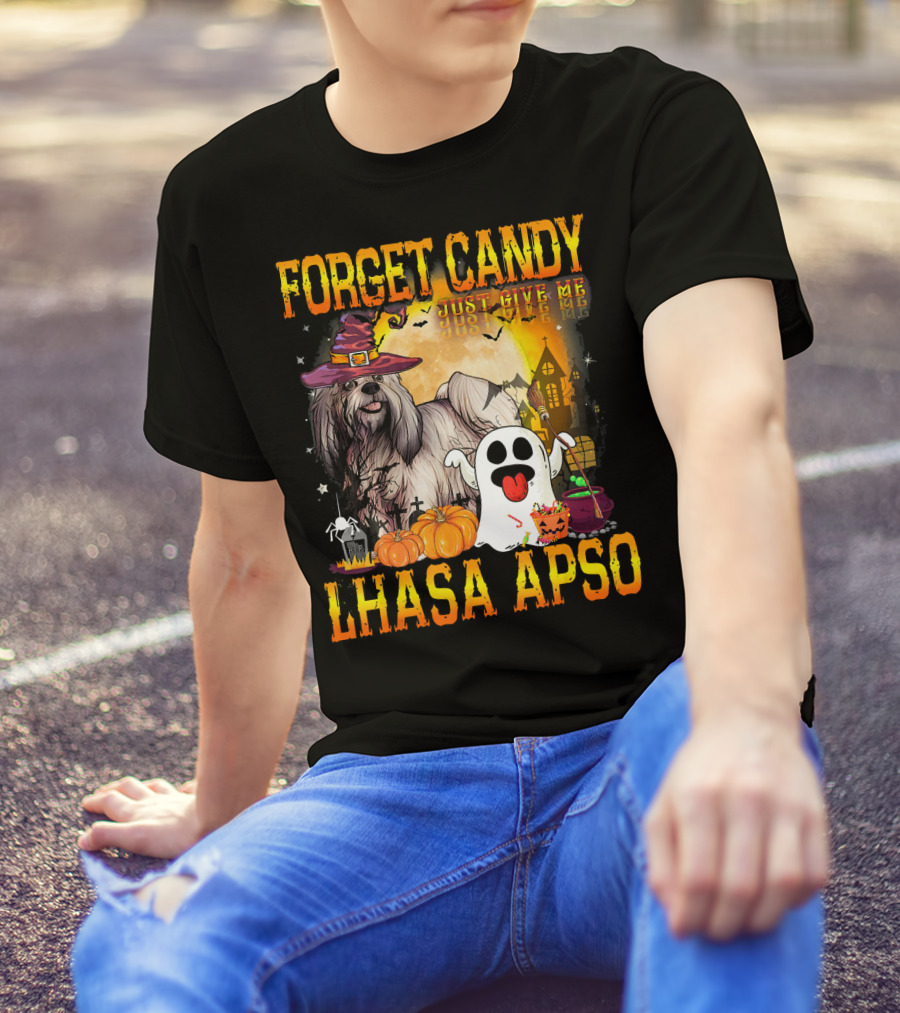 Forget Candy Just Give Me Lhasa Apso Halloween Scene With Ghosts And Pumpkins T-Shirt
