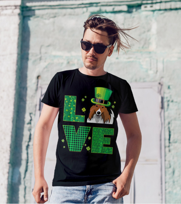 Love Shetland Sheepdog Shamrock Hat St. Patrick's Day Green T-Shirt