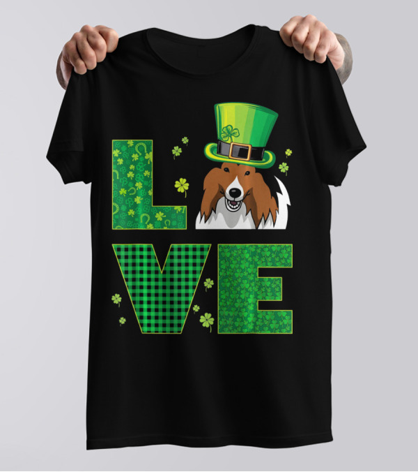 Love Shetland Sheepdog Shamrock Hat St. Patrick's Day Green T-Shirt