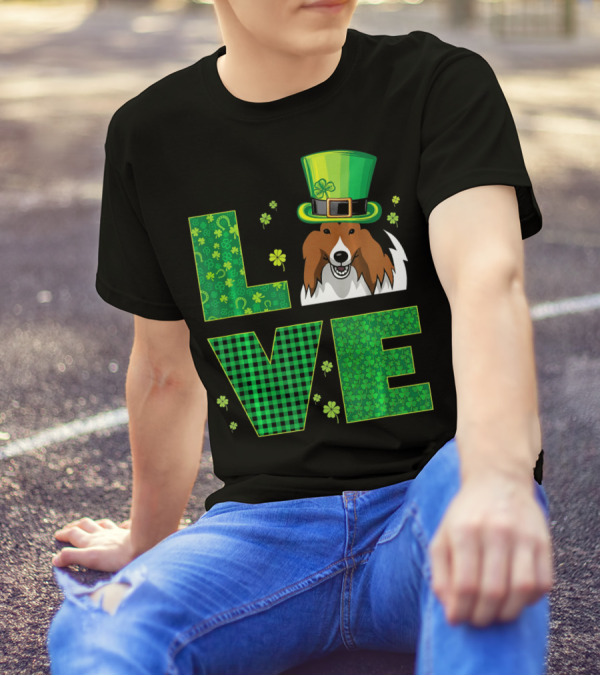 Love Shetland Sheepdog Shamrock Hat St. Patrick's Day Green T-Shirt