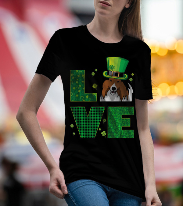Love Shetland Sheepdog Shamrock Hat St. Patrick's Day Green T-Shirt